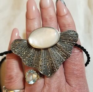 Vtg Designer Sterling MOP Marcasite Necklace/ Brooch